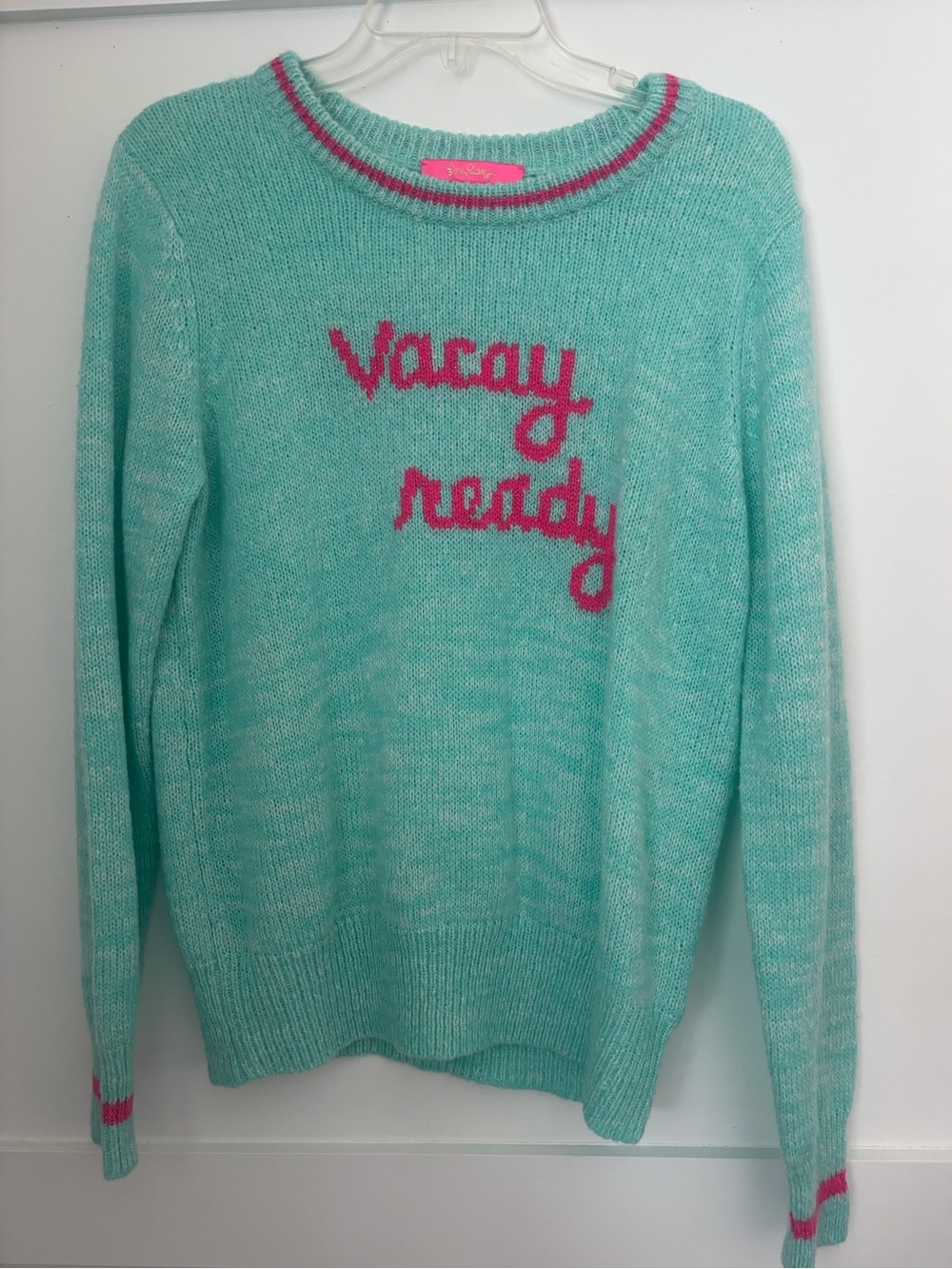 Lilly Pulitzer Mint Green Crewneck Sweater with Pink Script Vacay Ready